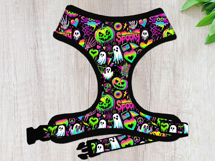 90's Neon Halloween ghost dog harness vest/ Y2K rainbow cyberpunk dog harness/ jack o lantern pumpkin harness/ synthwave holographic harness