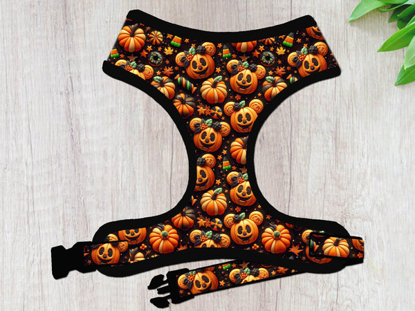 Halloween mickey pumpkin dog harness vest/ Fall jack o lantern dog harness/ Spooky Autumn dog harness/ boy girl black orange dog harness