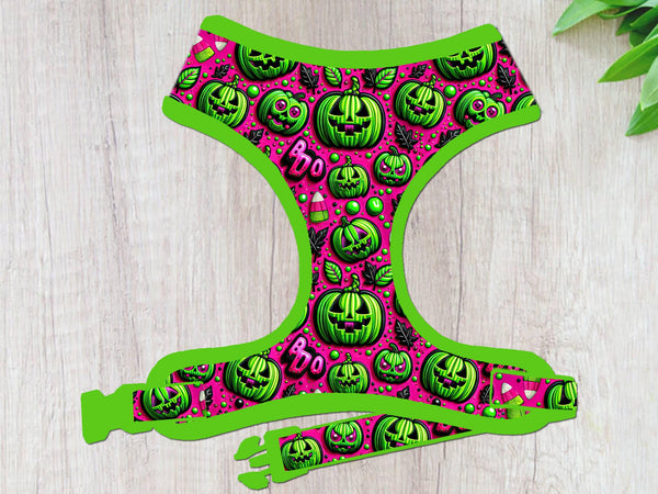 Pink Halloween pumpkin dog harness vest/ jack o lantern dog harness/ neon green spooky dog harness/ cute girl custom dog harness accessory