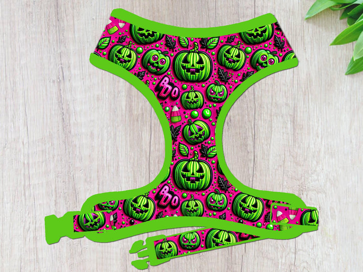 Pink Halloween pumpkin dog harness vest/ jack o lantern dog harness/ neon green spooky dog harness/ cute girl custom dog harness accessory