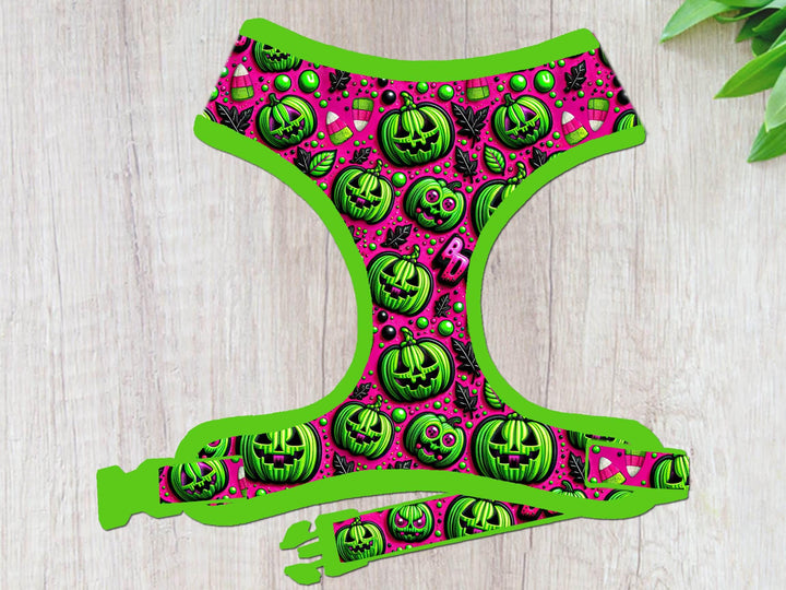 Pink Halloween pumpkin dog harness vest/ jack o lantern dog harness/ neon green spooky dog harness/ cute girl custom dog harness accessory