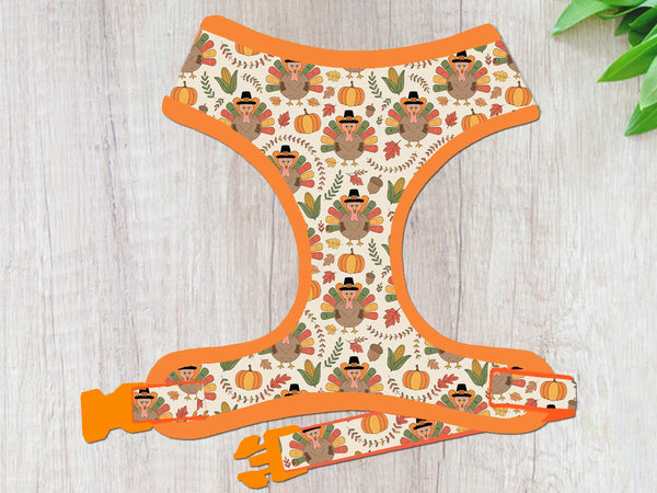 Thanksgiving turkey dog harness vest/ Fall harvest dog harness/ autumn pumpkin harness/ custom holiday boy girl harness pet accessories
