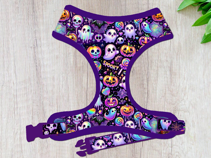 Purple Halloween ghost dog harness vest/ Y2K cyberpunk synthwave dog harness/ Jack O lantern vaporwave holographic dog harness accessory