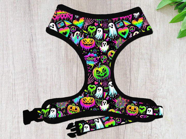 90's Neon Halloween ghost dog harness vest/ Y2K rainbow cyberpunk dog harness/ jack o lantern pumpkin harness/ synthwave holographic harness