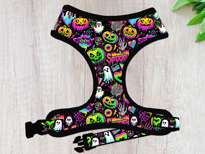 90's Neon Halloween ghost dog harness vest/ Y2K rainbow cyberpunk dog harness/ jack o lantern pumpkin harness/ synthwave holographic harness