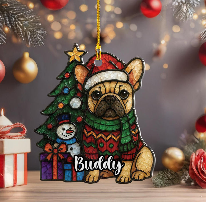 Custom Christmas Fawn French bulldog acrylic Ornament/ personalized Frenchie car decor/ first Christmas Gift present for dog mom pet lover