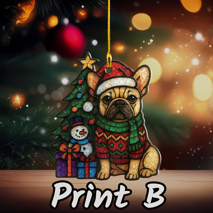 Christmas fawn pied French bulldog Ornament/ Custom acrylic Frenchie car decor/ Gift for dog mom lover dad/ first christmas present puppy