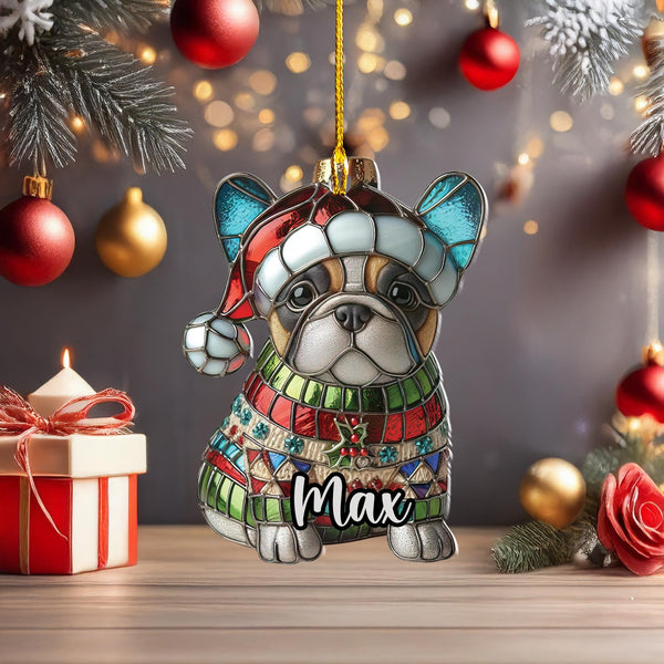 Christmas fawn pied French bulldog Ornament/ Custom acrylic Frenchie car decor/ Gift for dog mom lover dad/ first christmas present puppy