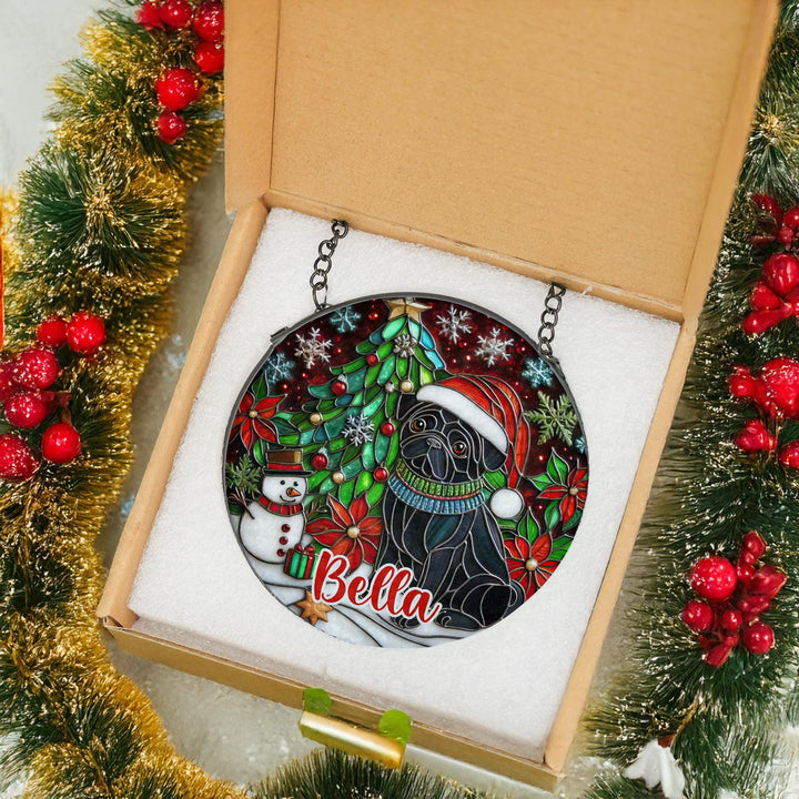 Christmas Black Pug Stained Glass Suncatcher ornament/ Custom Christmas window home decor/ memorial Gift for dog Lover mom gift for her