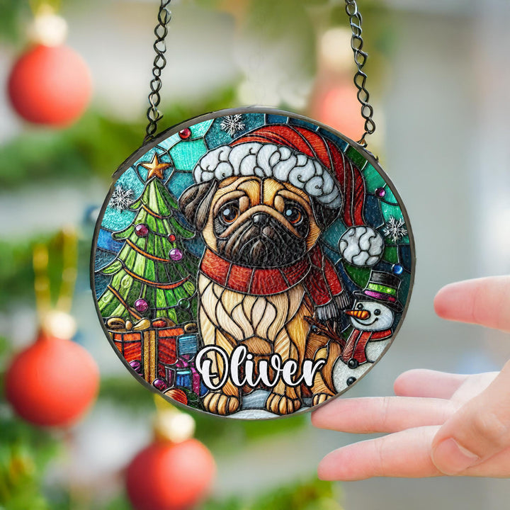 Christmas Fawn Pug Stained Glass Suncatcher ornament/ Custom Christmas window home decor/ memorial Gift for dog Lover mom gift for her