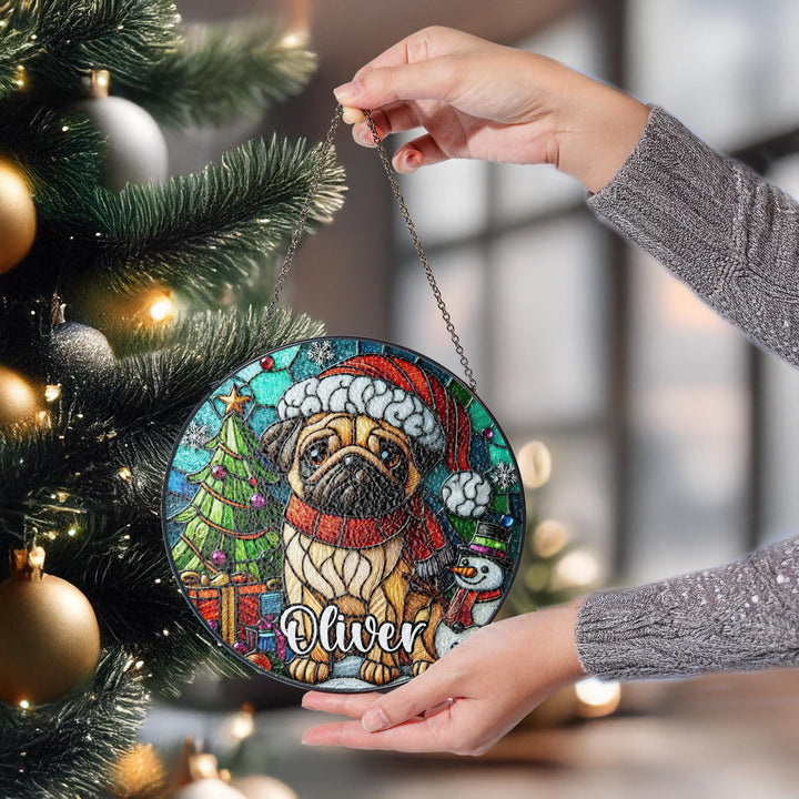 Christmas Fawn Pug Stained Glass Suncatcher ornament/ Custom Christmas window home decor/ memorial Gift for dog Lover mom gift for her