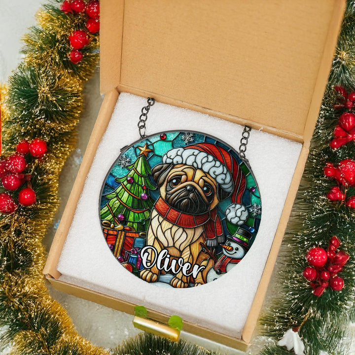 Christmas Fawn Pug Stained Glass Suncatcher ornament/ Custom Christmas window home decor/ memorial Gift for dog Lover mom gift for her