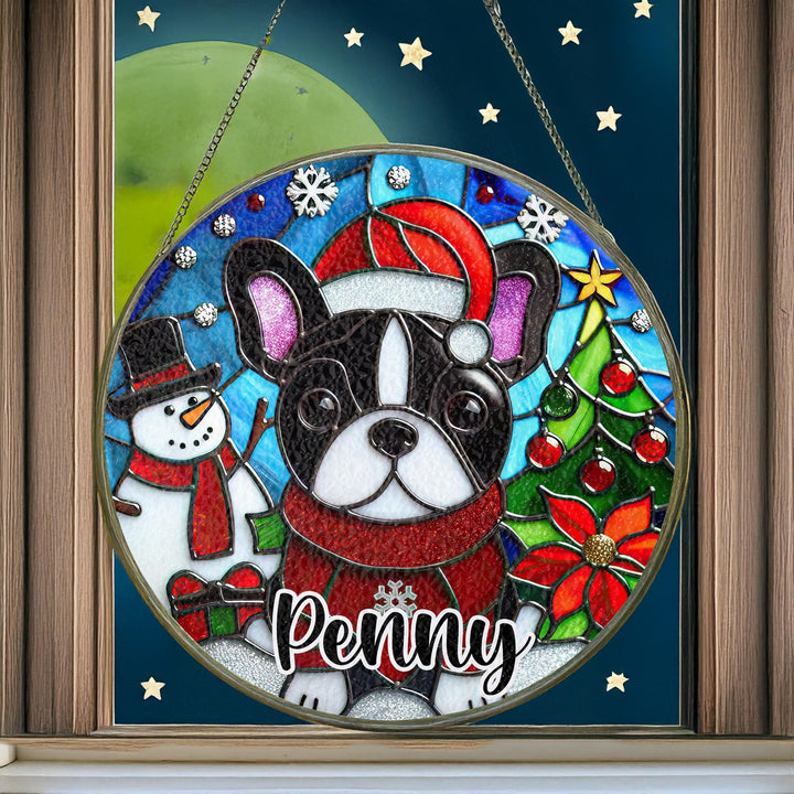 Christmas Black white pied French bulldog Stained Glass Suncatcher ornament/ Boston Terrier window decor/ custom memorial Gift for dog mom