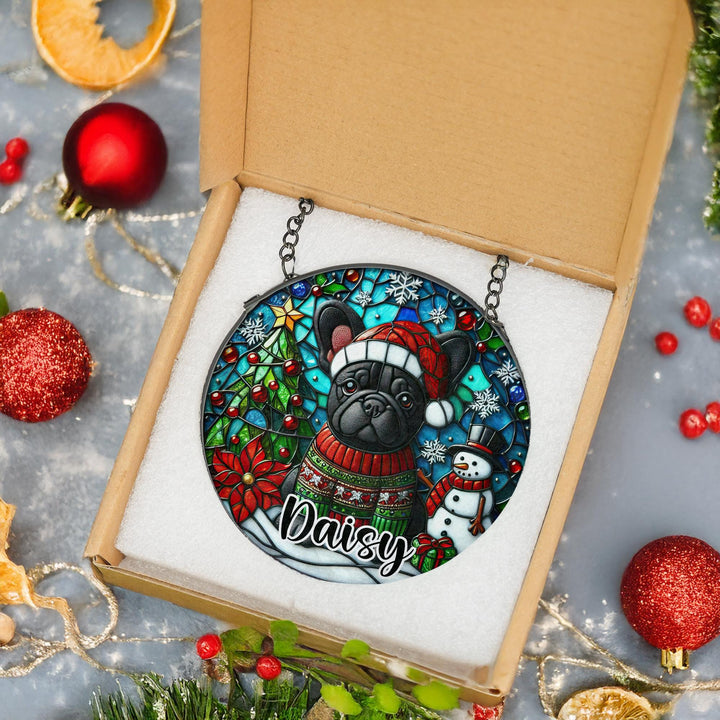 Christmas Black French bulldog Stained Glass Suncatcher ornament/ personal brindle frenchie window decor/ custom memorial Gift for dog mo