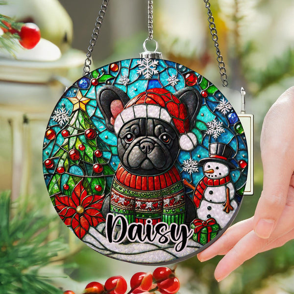 Christmas Black French bulldog Stained Glass Suncatcher ornament/ personal brindle frenchie window decor/ custom memorial Gift for dog mo