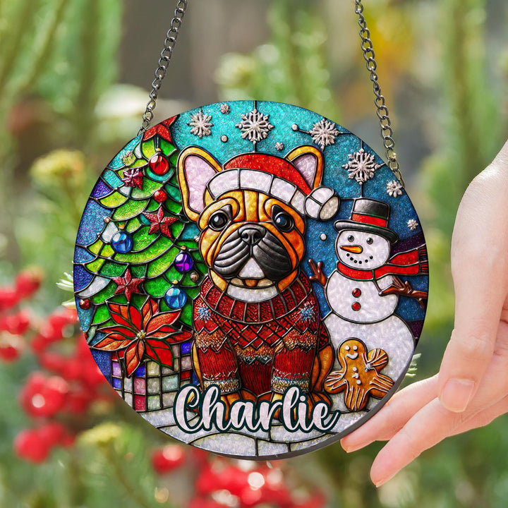 Fawn French Bulldog Stained Glass Suncatcher – Custom Christmas Memorial Ornament