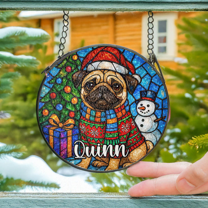 Fawn Pug Stained Glass Suncatcher – Personalized Christmas Memorial Ornament