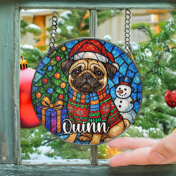 Fawn Pug Stained Glass Suncatcher – Personalized Christmas Memorial Ornament