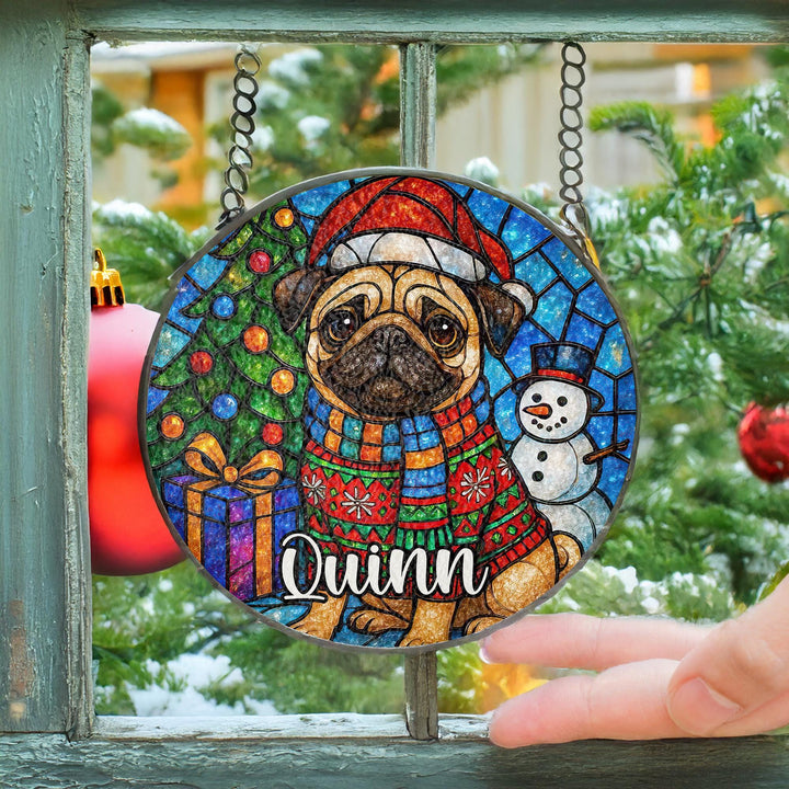 Fawn Pug Stained Glass Suncatcher – Personalized Christmas Memorial Ornament