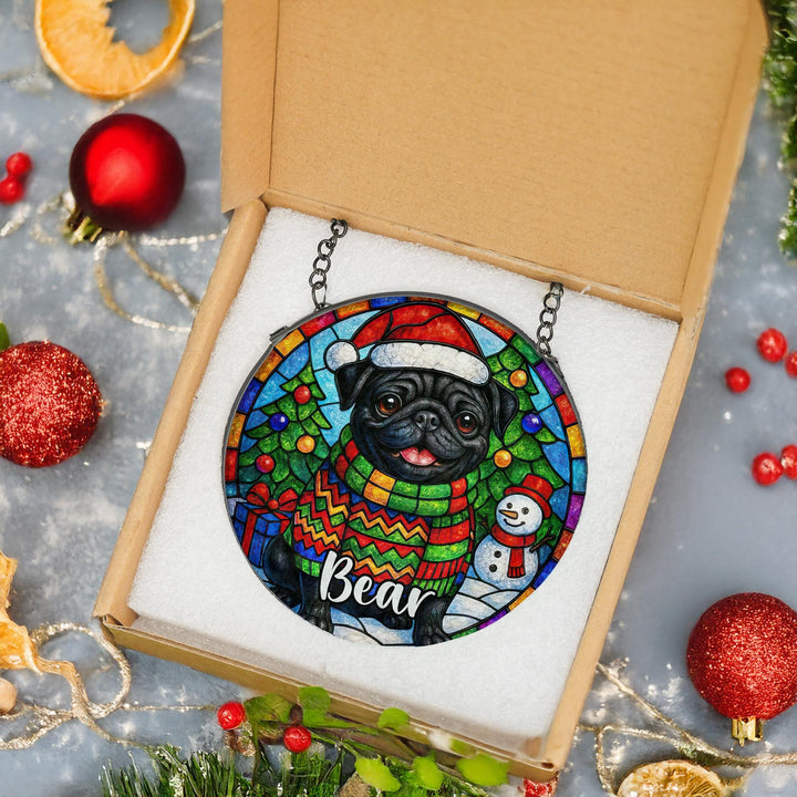 Black Pug Stained Glass Suncatcher – Personalized Christmas Memorial Ornament gift