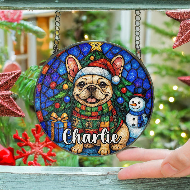 Cream French Bulldog Christmas Suncatcher – Personalized Stained Glass Frenchie Ornament