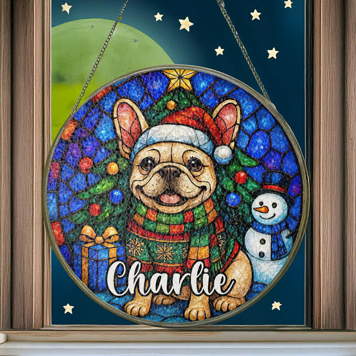 Cream French Bulldog Christmas Suncatcher – Personalized Stained Glass Frenchie Ornament