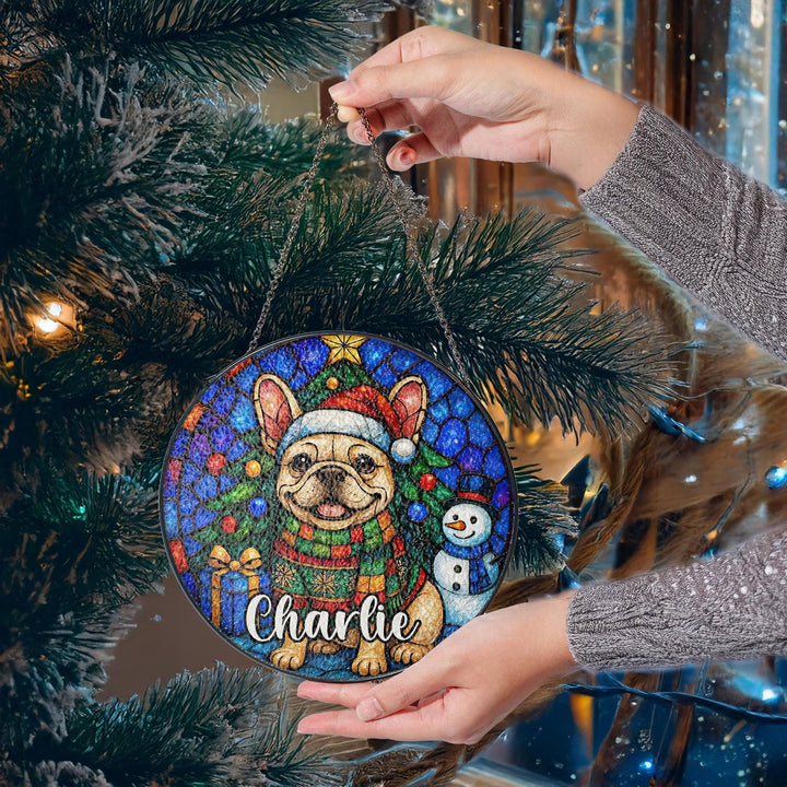Cream French Bulldog Christmas Suncatcher – Personalized Stained Glass Frenchie Ornament