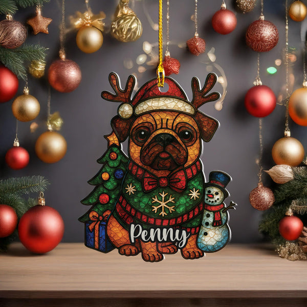 Christmas fawn pug Ornament – Personalized Dog Car Decor Gift