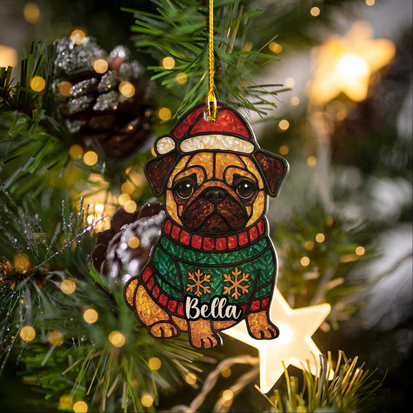 Custom Christmas Fawn Pug acrylic Ornament/ personalized Pug puppy car decor/ first Christmas Gift present for dog mom pet lover dad