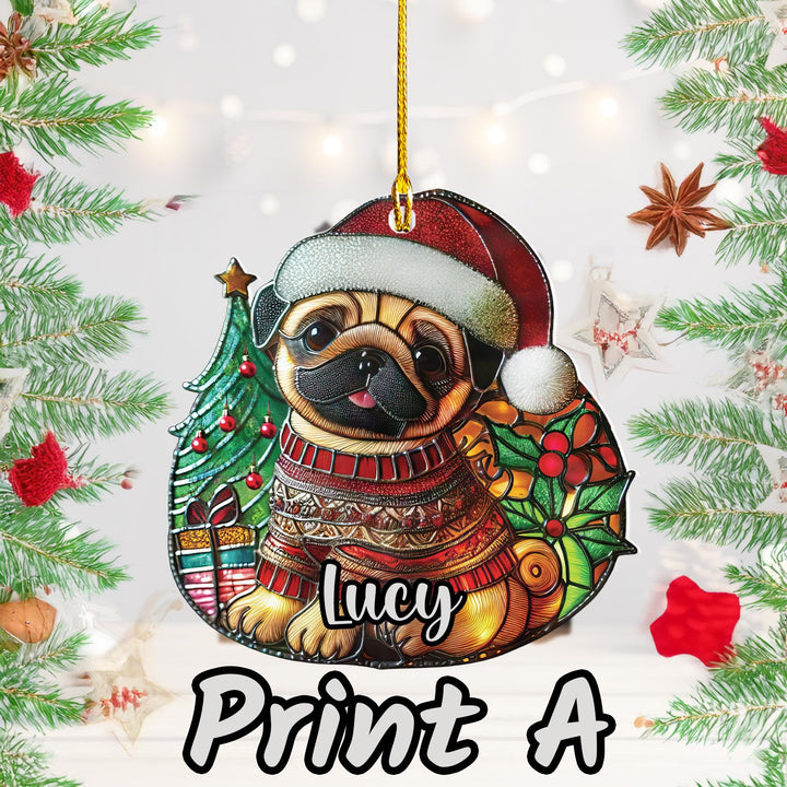Custom Christmas Fawn Pug acrylic Ornament/ Pug puppy car decor/ first Christmas Gift personalized/ present for dog mom pet lover dad
