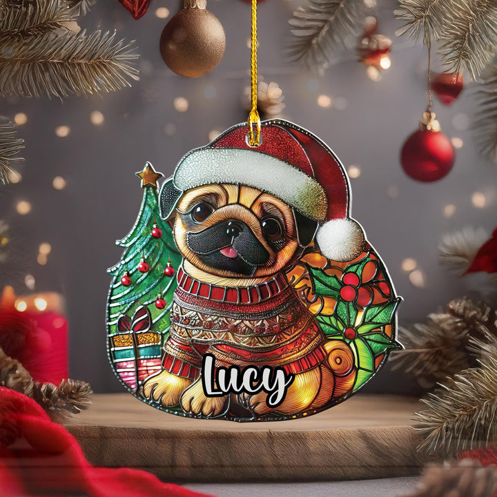 Custom Christmas Fawn Pug acrylic Ornament/ Pug puppy car decor/ first Christmas Gift personalized/ present for dog mom pet lover dad
