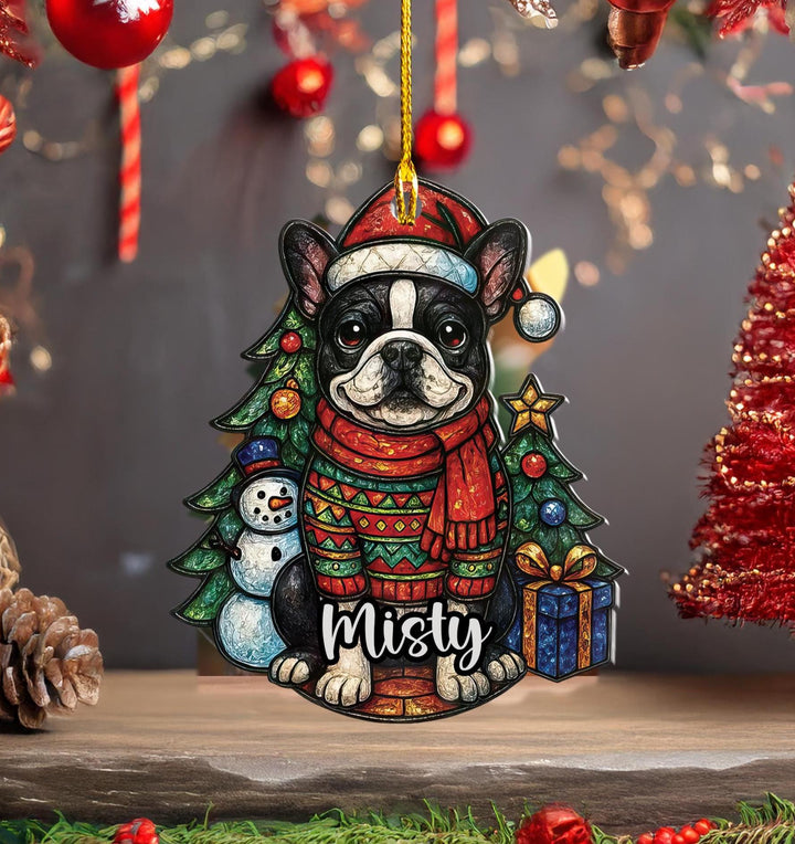 Christmas black white pied French bulldog Ornament/ Custom Boston Terrier ornament/ acrylic Frenchie car decor/ Gift for dog mom lover