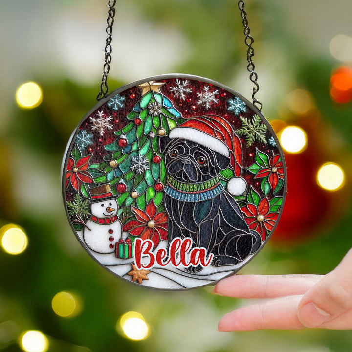 Christmas Black Pug Stained Glass Suncatcher ornament/ Custom Christmas window home decor/ memorial Gift for dog Lover mom gift for her
