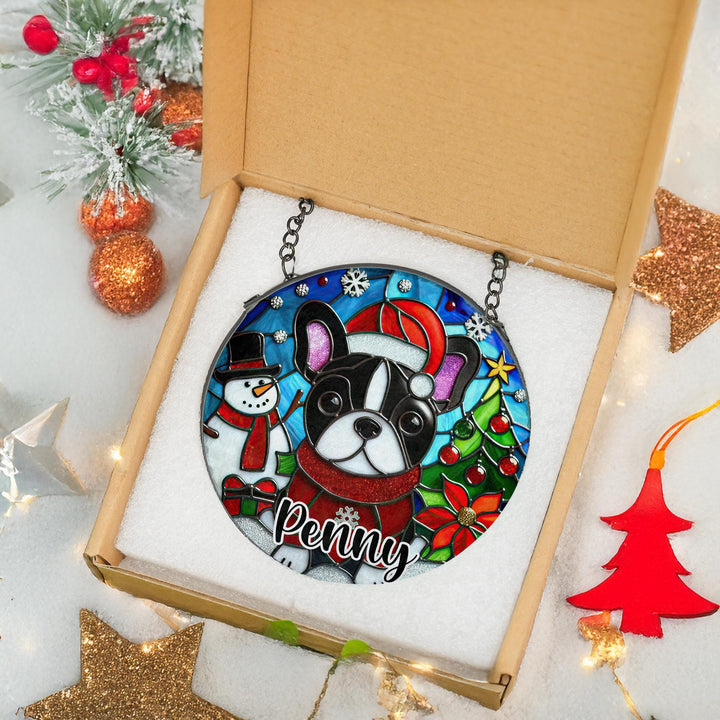 Christmas Black white pied French bulldog Stained Glass Suncatcher ornament/ Boston Terrier window decor/ custom memorial Gift for dog mom