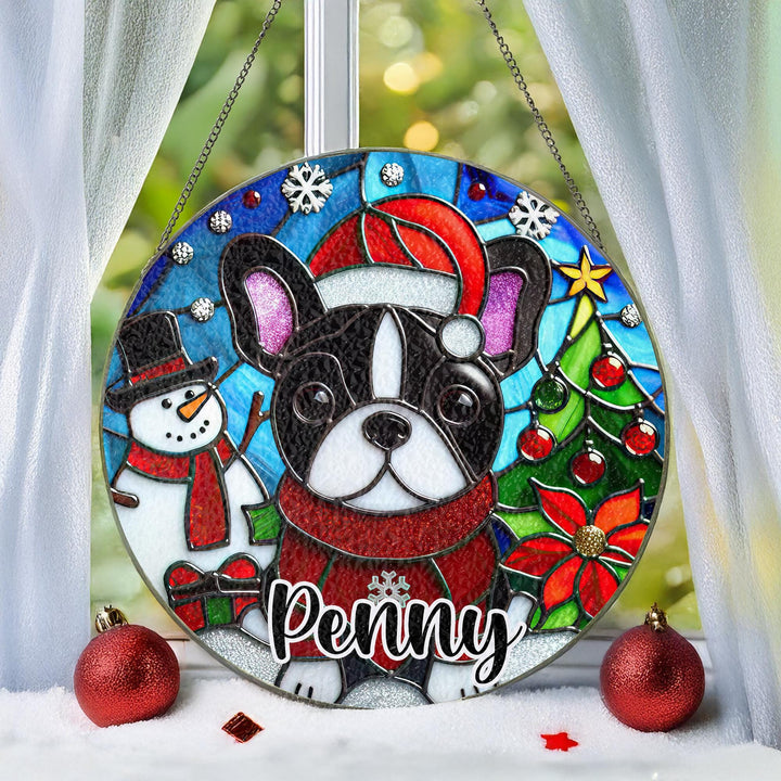Christmas Black white pied French bulldog Stained Glass Suncatcher ornament/ Boston Terrier window decor/ custom memorial Gift for dog mom