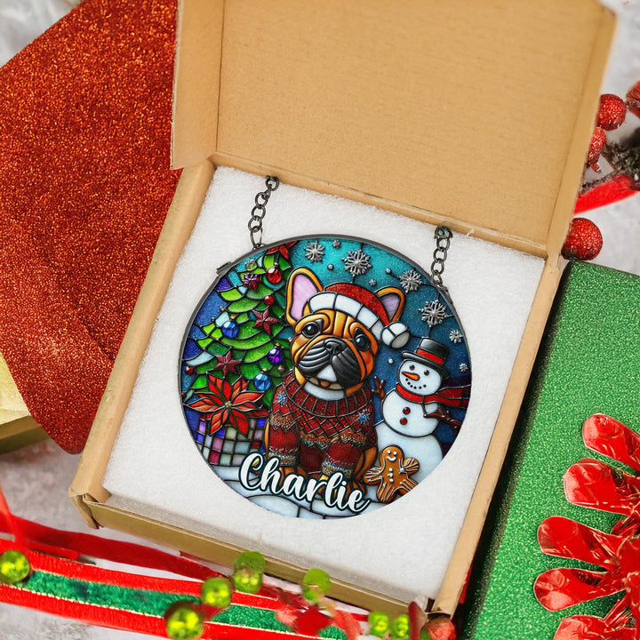 Fawn French Bulldog Stained Glass Suncatcher – Custom Christmas Memorial Ornament