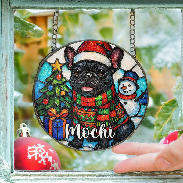 Black French bulldog Stained Glass Suncatcher – Personalized Christmas Memorial Ornament - brindle Frenchie gift