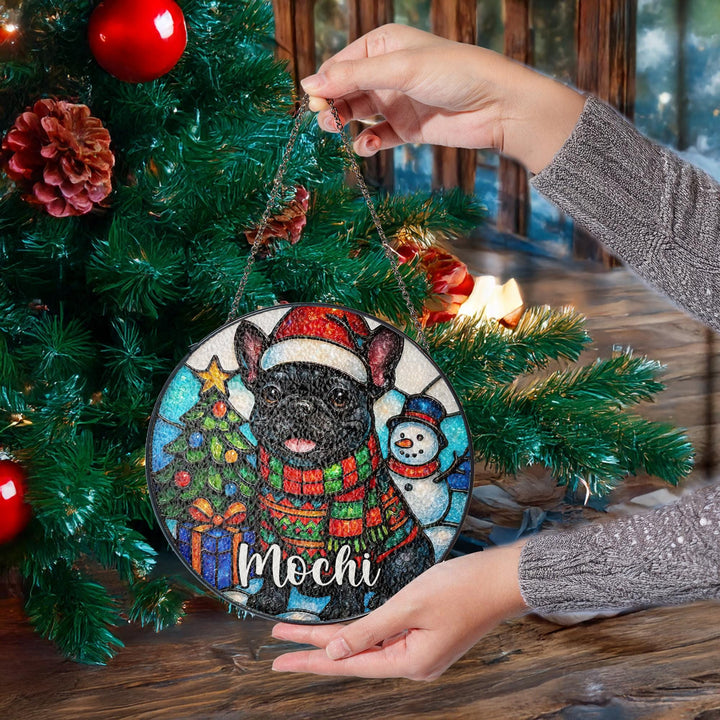 Black French bulldog Stained Glass Suncatcher – Personalized Christmas Memorial Ornament - brindle Frenchie gift