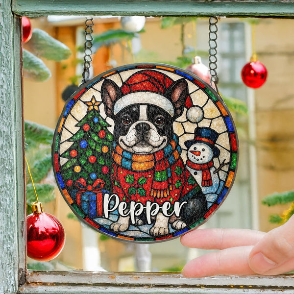 French Bulldog Christmas Suncatcher – Custom Stained Glass Boston Terrier Ornament Gift