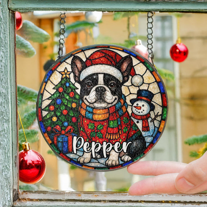 French Bulldog Christmas Suncatcher – Custom Stained Glass Boston Terrier Ornament Gift