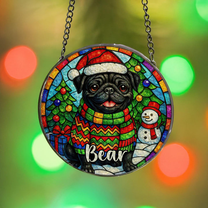 Black Pug Stained Glass Suncatcher – Personalized Christmas Memorial Ornament gift