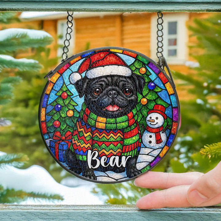 Black Pug Stained Glass Suncatcher – Personalized Christmas Memorial Ornament gift