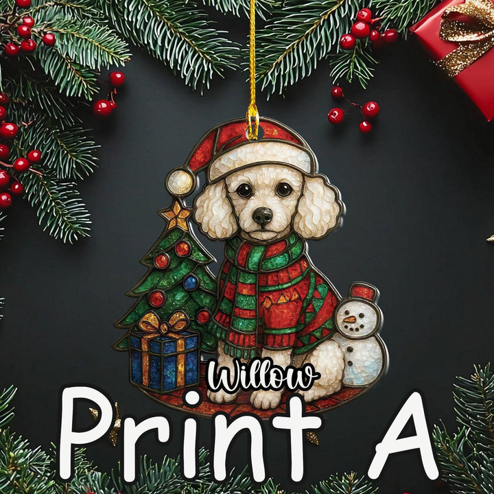 A poodle wearing a Santa hat and scarf is sitting next to a Christmas tree and a snowman, surrounded by pine branches and red berries.