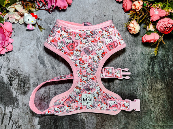 a pink hello kitty dog harness and leash