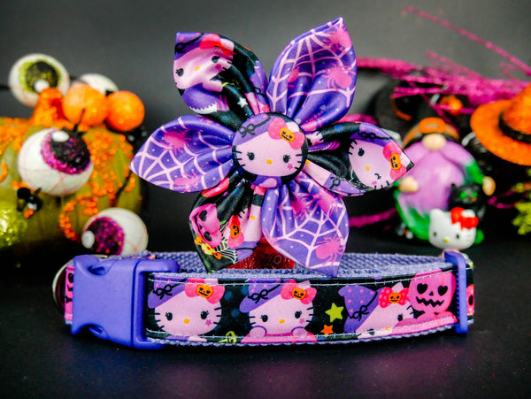 Halloween dog collar with flower - Purple Cat Witch
