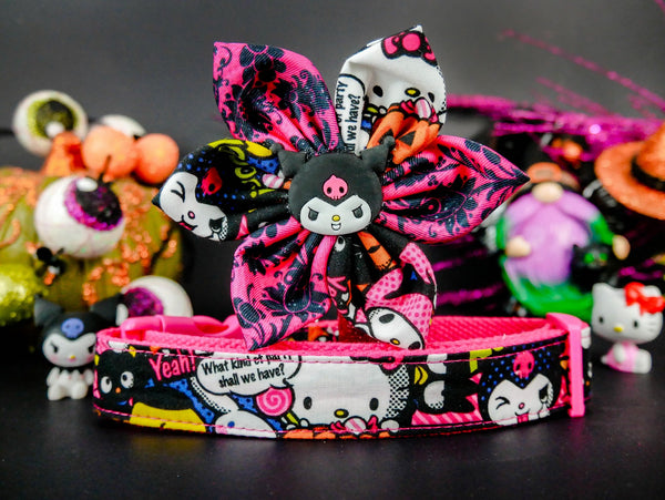 Halloween dog collar with flower - Kawaii Kitty - pink