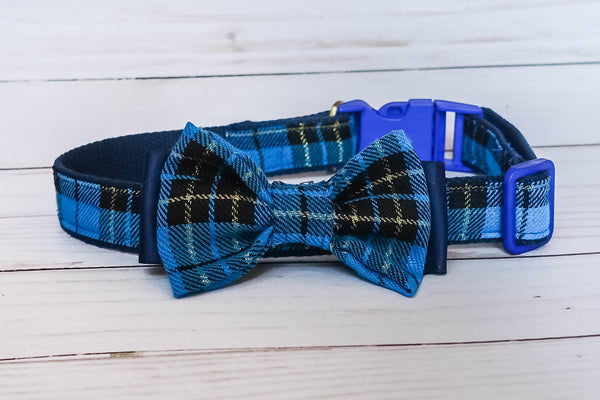 Blue plaid dog collar bow tie