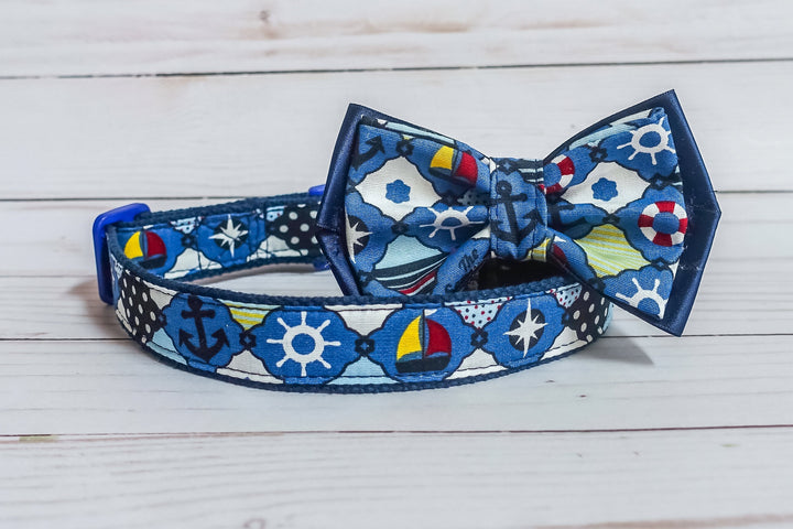 Nautical dog collar, Blue boy dog collar bow, Dog bow tie, ocean Anchor dog collar, Large dog collar, Small medium dog collar, Gift for dog