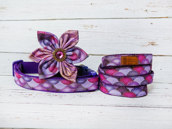 Dog flower collar leash set - Purple glitter mermaid scales