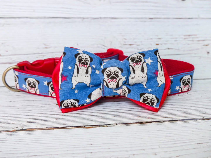 Boy Pug harness vest leash set, Dog collar bow, Gift for dog, Puppy harness and leash, Blue star dog harness, Adjustable step in harness